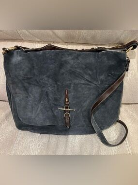 Dooney & Bourke Navy Suede Messenger with Brown Leather Trim
